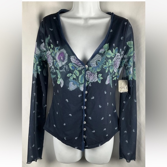 Free People Tops - Free People Women’s Home Grown Size S Mesh Cardi/Top Blue Floral & Fruit NWT